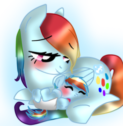 Size: 338x347 | Tagged: safe, artist:cupcakes-pinkie-1112, rainbow dash, oc, pony, g4, baby, baby pony, diaper, female, foal, mother and child, mother and daughter, sleeping