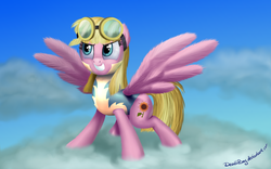 Size: 2000x1250 | Tagged: safe, artist:deathpwny, meadow flower, pegasus, pony, g4, wonderbolts academy, cloud, female, goggles, grin, mare, on a cloud, smiling, solo, spread wings, standing on a cloud, wings, wonderbolt trainee uniform