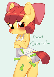 Size: 600x848 | Tagged: safe, artist:aruurara, apple bloom, earth pony, anthro, g4, ambiguous facial structure, blushing, breasts, clothes, delicious flat chest, dialogue, female, panties, solo, underwear