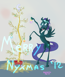 Size: 1000x1178 | Tagged: safe, artist:badzerg, oc, oc only, oc:nyx, pony, christmas tree, glasses, nyxmas, solo, tree