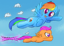 Size: 1928x1389 | Tagged: safe, artist:creamygravy, rainbow dash, scootaloo, pegasus, pony, g4, blank flank, cloud, female, filly, flapping, flapping wings, flying, foal, mare, scootaloo can fly, sky, sonic scootaboom, spread wings, wings