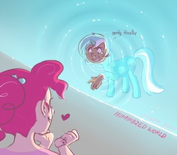 Size: 1000x875 | Tagged: safe, artist:glasmond, lyra heartstrings, pinkie pie, human, g4, dialogue, horn, horned humanization, humanized, humie, that pony sure does love humans, transformation