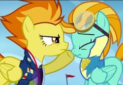 Size: 500x347 | Tagged: safe, screencap, lightning dust, spitfire, pony, g4, wonderbolts academy, boop, frown, glare, goggles, nose wrinkle, out of context, scrunchy face, standing, wonderbolt trainee uniform