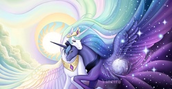 Size: 1200x621 | Tagged: safe, artist:yiuokami, princess celestia, princess luna, alicorn, pony, g4, colored wings, day, hug, moon, multicolored wings, night, royal sisters, siblings, sisters, sun, wings