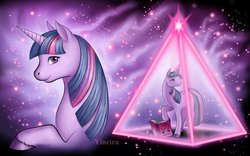 Size: 900x563 | Tagged: safe, artist:yiuokami, twilight sparkle, pony, unicorn, g4, book, solo, space, unicorn twilight