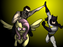 Size: 1194x891 | Tagged: safe, artist:sniper-bait, fluttershy, human, pegasus, pony, g4, batman, crossover, freddie mercury, high five, humans riding ponies, riding, wat