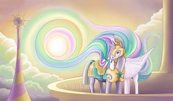 Size: 1024x599 | Tagged: safe, artist:yiuokami, princess celestia, alicorn, pony, unicorn, g4, canterlot castle, hug, royal guard, sun