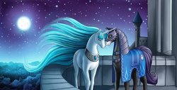 Size: 1600x815 | Tagged: safe, artist:yiuokami, oc, oc only, oc:angel song, oc:knight light, earth pony, pony, unicorn, fanfic:a knight's tale, commission, crying, earth pony oc, fanfic art, horn, moon, night, unicorn oc