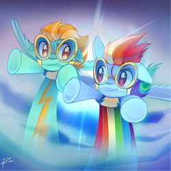 Size: 601x601 | Tagged: safe, artist:pekou, lightning dust, rainbow dash, pegasus, pony, g4, wonderbolts academy, duo, duo female, female, floppy ears, friendshipping, goggles, one ear down, wonderbolt trainee uniform