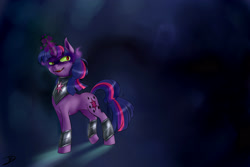 Size: 2592x1728 | Tagged: safe, artist:tzelly-el, twilight sparkle, pony, unicorn, g4, bevor, corrupted, corrupted twilight sparkle, dark magic, hoofless boots, peytral, solo, sombra eyes