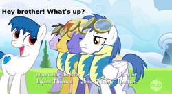 Size: 853x469 | Tagged: safe, brolly, rainbow swoop, spectrum, thorn (g4), warm front, whitewash, oc, oc:roboshi, earth pony, pegasus, pony, g4, my little pony: friendship is magic, wonderbolts academy, clothes, female, goggles, hub logo, male, mare, stallion, uniform, wonderbolt trainee uniform