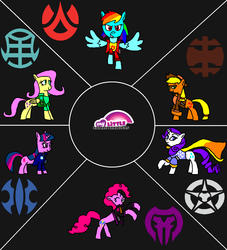 Size: 1341x1478 | Tagged: safe, applejack, fluttershy, pinkie pie, rainbow dash, rarity, twilight sparkle, g4, aquos, bakugan, bakugan battle brawlers, darkus, haos, pyrus, subterra, ventus