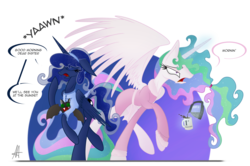Size: 3000x1992 | Tagged: safe, artist:ardas91, princess celestia, princess luna, alicorn, bat, pony, g4, abstract background, bed mane, celestia is not amused, coffee, coffee mug, dialogue, duo, eyes closed, female, floppy ears, height difference, lanky, long legs, mare, morning ponies, mug, open mouth, plushie, royal sisters, skinny, speech bubble, sternocleidomastoid, tall, thin, unamused