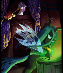 Size: 1314x1523 | Tagged: safe, artist:cuteskitty, apple bloom, queen chrysalis, sweetie belle, changeling, changeling queen, earth pony, pony, unicorn, g4, balcony, crown, fanfic, fanfic art, female, glowing, jewelry, mare, older, older apple bloom, older sweetie belle, regalia, trio