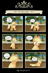 Size: 2052x3094 | Tagged: safe, artist:perfectblue97, applejack, earth pony, pony, comic:without magic, g4, the last roundup, apple, apple tree, applejack's hat, comic, cowboy hat, crying, crying on the outside, female, floppy ears, food, hat, realization, regret, sad, solo, sweet apple acres, tree