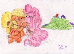 Size: 3501x2550 | Tagged: safe, artist:deihiru, applejack, pinkie pie, rainbow dash, rarity, earth pony, pony, g4, bondage, duo focus, eyes closed, female, hogtied, hooves, kiss on the lips, kissing, lasso, lesbian, mare, rope, rope bondage, ship:applepie, shipping, signature, simple background, traditional art, underhoof, white background