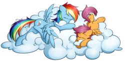 Size: 1228x597 | Tagged: safe, artist:secret-pony, rainbow dash, scootaloo, pegasus, pony, g4, blank flank, cloud, cute, eyes closed, female, filly, foal, lying down, mare, prone, scootalove, simple background, sleeping, spread wings, transparent background, wings