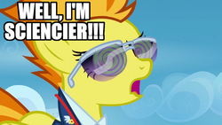 Size: 1920x1080 | Tagged: safe, edit, edited screencap, screencap, spitfire, pegasus, pony, g4, wonderbolts academy, dr. insano, image macro, science, spoony, sunglasses, text, the spoony experiment