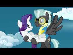 Size: 480x360 | Tagged: safe, screencap, rarity, thunderlane, pegasus, pony, g4, my little pony: friendship is magic, wonderbolts academy, duo, female, holding a pony, male, mare, stallion, wonderbolt trainee uniform