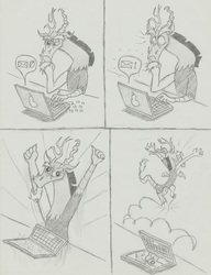 Size: 1647x2141 | Tagged: safe, artist:smashedatoms, discord, princess celestia, alicorn, draconequus, pony, g4, 4 panel comic, butt, comic, computer, female, grayscale, horns, laptop computer, mare, monochrome, open mouth, open smile, plot, smiling