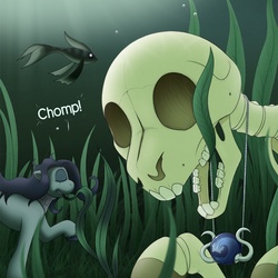 Size: 1000x1000 | Tagged: safe, artist:r perils, oc, oc only, oc:ipsywitch, fish, pony, ask ipsywitch, dead, eating, female, mare, necklace, skeleton, tumblr, underwater