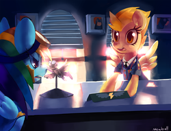 Size: 1188x907 | Tagged: safe, artist:mewball, rainbow dash, spitfire, g4, wonderbolts academy, clothes, desk, scene interpretation, spitfire's office, uniform, wonderbolt trainee uniform, wonderbolts dress uniform