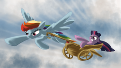 Size: 1920x1080 | Tagged: safe, artist:zedrin, rainbow dash, twilight sparkle, pegasus, pony, unicorn, g4, cloud, duo, duo female, female, floppy ears, flying, gotta go fast, looking forward, mare, sky, spread wings, underhoof, wagon, windswept mane, wings