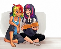 Size: 850x686 | Tagged: safe, artist:x-arielle, rainbow dash, twilight sparkle, human, g4, :o, barefoot, book, clothes, cute, duo, feet, humanized, missing shoes, open mouth, sitting, smiling, socks, wide eyes