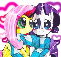 Size: 554x520 | Tagged: safe, artist:aurora-chiaro, fluttershy, rarity, g4, blushing, clothes, female, heart, lesbian, scarf, shared clothing, shared scarf, ship:flarity, shipping