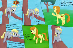 Size: 1593x1049 | Tagged: safe, artist:hoppip, artist:pyritie, carrot top, derpy hooves, golden harvest, earth pony, pegasus, pony, g4, bedroom eyes, butt, c:, captcha, comic, duo, female, frown, hungry, mare, open mouth, plot, prone, smiling, stomach noise, tree, wat