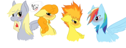 Size: 5988x2288 | Tagged: safe, artist:xxaurelia, carrot top, derpy hooves, golden harvest, rainbow dash, spitfire, earth pony, pegasus, pony, g4, blushing, female, hearts and hooves day cards, lesbian, mare, ship:derpytop, ship:spitdash, shipping, simple background, transparent background