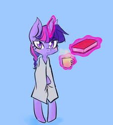 Size: 1000x1111 | Tagged: safe, artist:pyupew, twilight sparkle, pony, g4, bipedal, book, clothes, coffee, female, magic, morning ponies, robe, solo