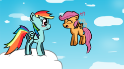 Size: 2403x1337 | Tagged: safe, artist:mcsarts, rainbow dash, scootaloo, g4, cloud, cloudy, flying, scootaloo can fly