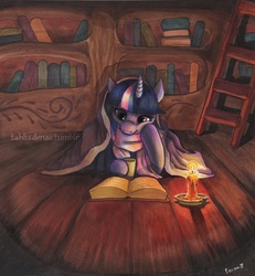 Size: 771x836 | Tagged: safe, artist:tahliadenae, twilight sparkle, g4, blanket, book, candle, golden oaks library, reading