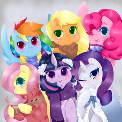 Size: 1280x1280 | Tagged: safe, artist:xeella, applejack, fluttershy, pinkie pie, rainbow dash, rarity, twilight sparkle, g4, cloak, clothes, earmuffs, hot chocolate, mane six, mug, scarf, sweater, sweatershy