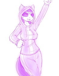 Size: 538x689 | Tagged: safe, artist:drbdnv, octavia melody, earth pony, anthro, g4, breasts, busty octavia melody, clothes, female, happy, hoodie, monochrome, sketch, solo, sunglasses