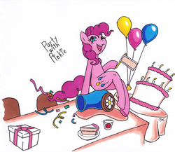 Size: 2892x2512 | Tagged: safe, artist:thefimp, pinkie pie, earth pony, semi-anthro, g4, balloon, cake, confetti, female, food, party cannon, solo