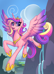 Size: 880x1200 | Tagged: safe, artist:pinkuh, princess cadance, alicorn, pony, g4, female, flying, looking at you, mare, open mouth, smiling, solo, spread wings