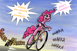 Size: 1800x1200 | Tagged: safe, artist:almaska, edit, applejack, pinkie pie, earth pony, pony, semi-anthro, g4, anatomically incorrect, bicycle, bipedal, clothes, female, happy wheels, hoof hold, incorrect leg anatomy, jacket, leather jacket, mare, motion lines, motorcycle, onomatopoeia, open mouth, pewdiepie, pinkie being pinkie, pinkie pie/ pewdiepie combiner, riding, sky, smiling, street, yelling