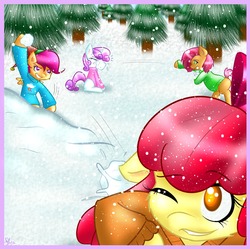 Size: 1200x1194 | Tagged: safe, artist:fatcakes, apple bloom, babs seed, scootaloo, sweetie belle, g4, cutie mark crusaders, snow, snowball, snowball fight, snowfall
