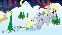 Size: 1600x900 | Tagged: safe, artist:gameguy001, derpy hooves, rainbow dash, twilight sparkle, pegasus, pony, g4, aurora borealis, christmas, female, flying, hat, lights, mare, moon, santa hat, snow, tree, trio