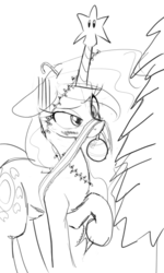 Size: 600x1000 | Tagged: safe, artist:zev, princess celestia, pony, g4, christmas, decoration, female, frustrated, grayscale, monochrome, mouth hold, solo