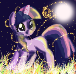 Size: 1472x1432 | Tagged: safe, artist:kikithewolf64, twilight sparkle, pony, unicorn, g4, female, filly, foal, grass, night, solo, unicorn twilight