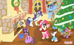 Size: 1961x1207 | Tagged: safe, artist:mlock, derpy hooves, pinkie pie, pipsqueak, rainbow dash, rarity, spike, twilight sparkle, pegasus, pony, g4, book, christmas, clothes, female, hat, mane seven, mare, rudolph dash, rudolph the red nosed reindeer, santa hat, stockings