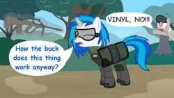 Size: 1600x900 | Tagged: safe, artist:scramjet747, dj pon-3, octavia melody, vinyl scratch, g4, armor, assault rifle, aug, buck, comic sans, goggles, gun, rifle, shield, steyr aug, this will end in tears, this will end in tears and/or death, too dumb to live
