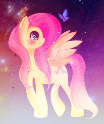 Size: 900x1072 | Tagged: safe, artist:csc-x, fluttershy, butterfly, pegasus, pony, g4, female, mare, smiling, solo, walking