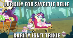 Size: 500x266 | Tagged: safe, rarity, sweetie belle, g4, sleepless in ponyville, camping outfit, hub logo, image macro, wheel