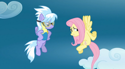 Size: 765x423 | Tagged: safe, screencap, cloudchaser, fluttershy, pegasus, pony, g4, wonderbolts academy, angry, annoyed, cloudchaser is not amused, embarrassed, flying, frown, glare, goggles, unamused, wings, wonderbolt trainee uniform