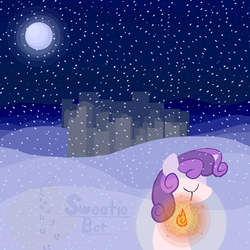 Size: 900x900 | Tagged: safe, artist:tallgrass, sweetie belle, pony, robot, unicorn, g4, eyes closed, female, filly, fire, foal, hoofprints, horn, moon, night, night sky, sky, snow, snowfall, solo, stars, sweetie bot