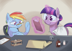 Size: 1040x728 | Tagged: safe, artist:yeendip, rainbow dash, twilight sparkle, pegasus, pony, unicorn, g4, bored, clothes, duo, goggles, lab coat, laboratory, magic, science, that pony sure does love studies, varying degrees of amusement